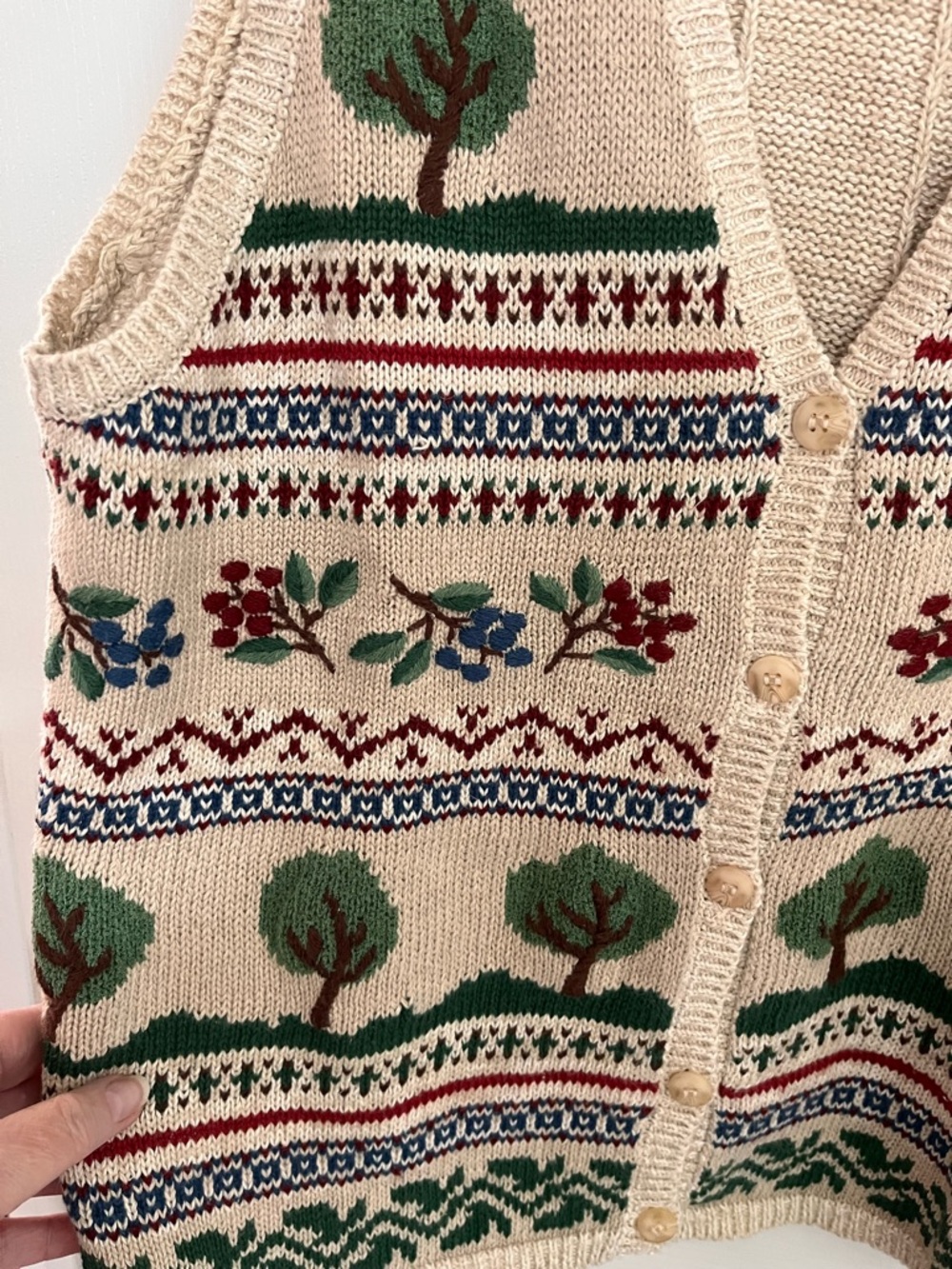 Vintage Jantzen Cream Knit Button-Front Vest with Green Tree & Multicolor Motifs - Picture 4 of 6